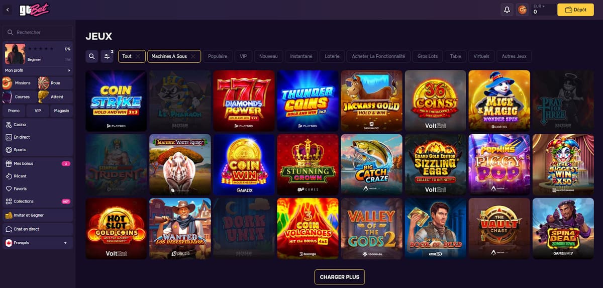 Vista del catálogo de slots accesible desde el primer minuto en GT Bet